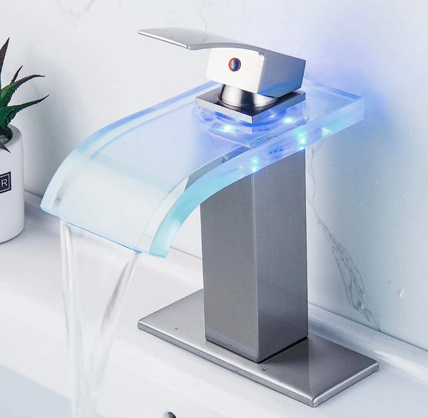 #1430 BRUSHED NICKEL & LED GLASS WATERFALL SPOUT VANITY FAUCET