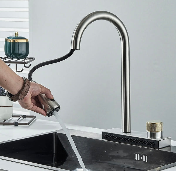 #1563 BRUSHED NICKEL PULL-OUT KITCHEN FAUCET WITH 3 MODES SPRAY HEAD + RAINFALL FEATURE