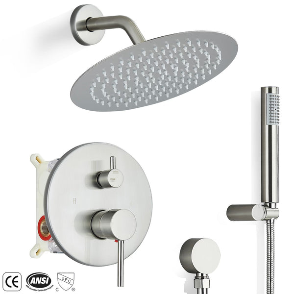 #1026 8-INCH BRUSHED NICKEL 2 FUNCTION SHOWER FAUCET SET SYSTEM RAINFALL SHOWER HEAD COMBO WITH MIXER VALVE