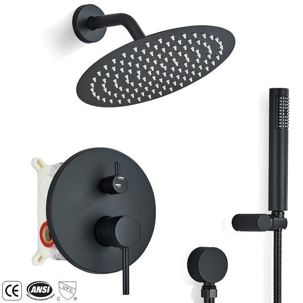 #1025 8-INCH MATTE BLACK 2 FUNCTION SHOWER FAUCET SET SYSTEM RAINFALL SHOWER HEAD COMBO WITH MIXER VALVE