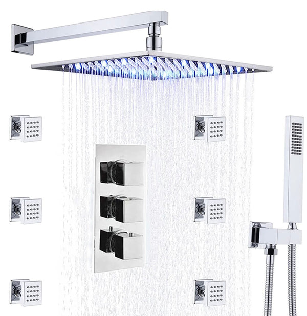 #1012 12 INCH CHROME LED 3 FUNCTION WALL MOUNT SHOWER SYSTEM WITH 6x MASSAGE JETS